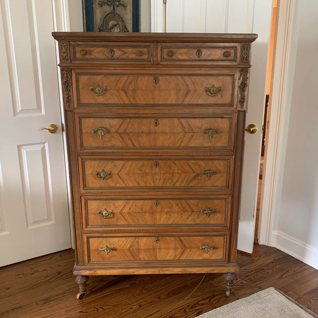Classic French Style Tall Chest With Book Matched Veneer and Brass Accents Clean lines, elegant style, gorgeous wood...