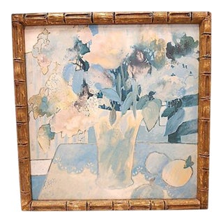1950s Watercolor Painting Abstract Lt Blue Floral Wood Bamboo Frame Hollywood Regency For Sale