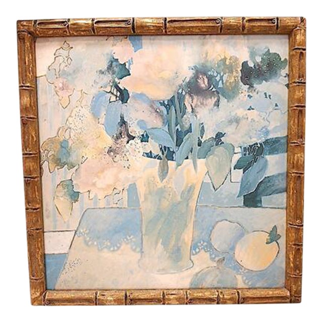 1950s Watercolor Painting Abstract Lt Blue Floral Wood Bamboo Frame Hollywood Regency For Sale