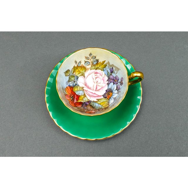 Anysley J.A. Bailey Signed Vintage Pink Cabbage Rose Green Gold Tea Cup & Saucer. Measures approximately: Teacup: 4 1/4"...
