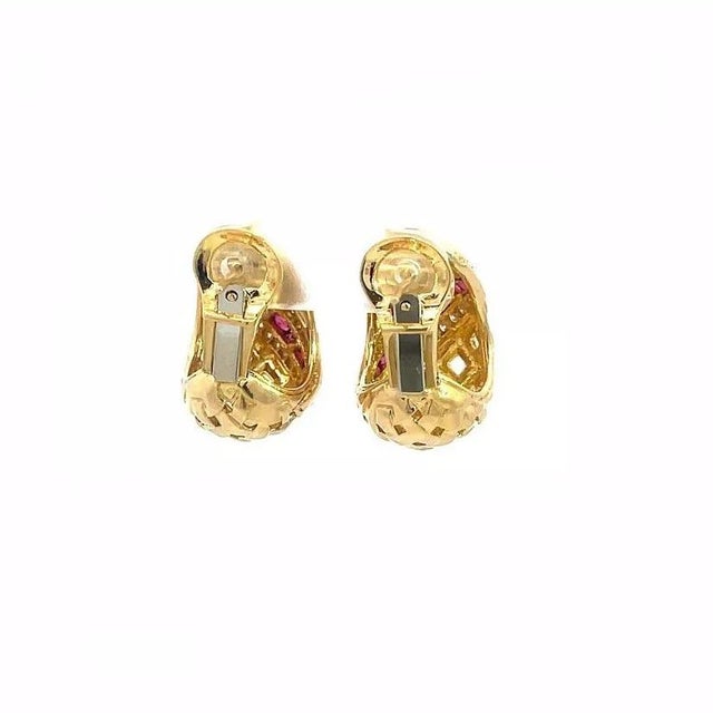 1990s Tiffany & Co. Vannerie Gold Earrings Ruby Diamond 18k Yellow Huggie For Sale - Image 5 of 10