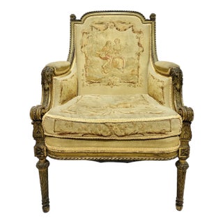 Late 19th Century French Louis XVI Style Belle Epoch Aubusson-Style Needlepoint Bergère Lounge Chair For Sale