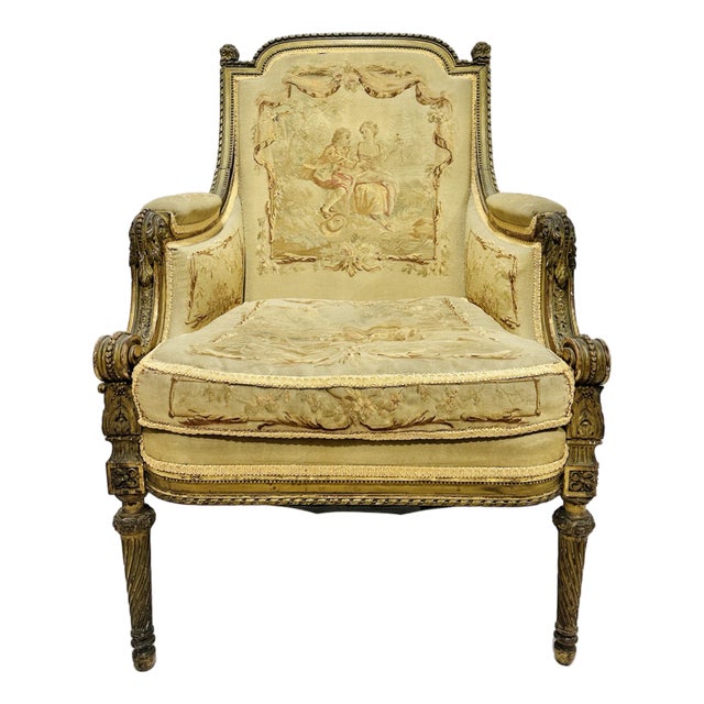 Late 19th Century French Louis XVI Style Belle Epoch Aubusson-Style Needlepoint Bergère Lounge Chair For Sale