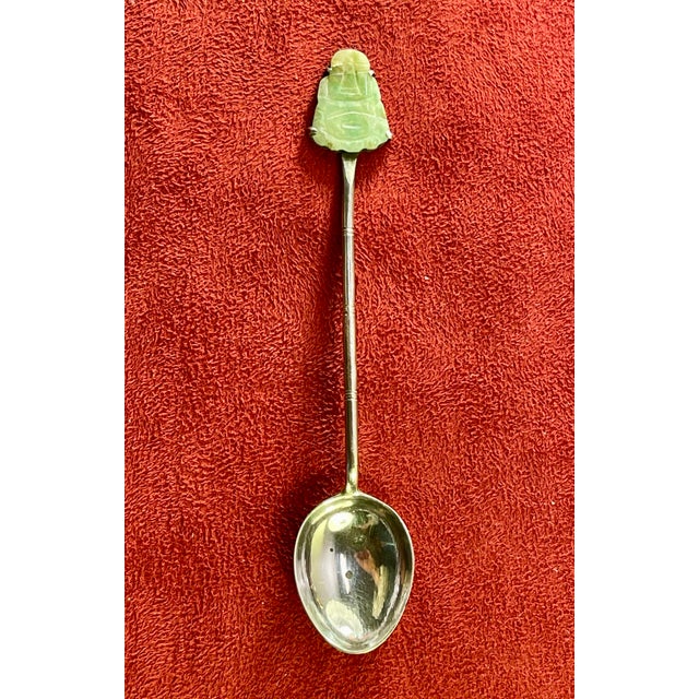 1940s Pure Sterling Silver Antique Set of 5 Spoons W Jade Buddhas 3 3/4” - 5pcs For Sale - Image 9 of 12
