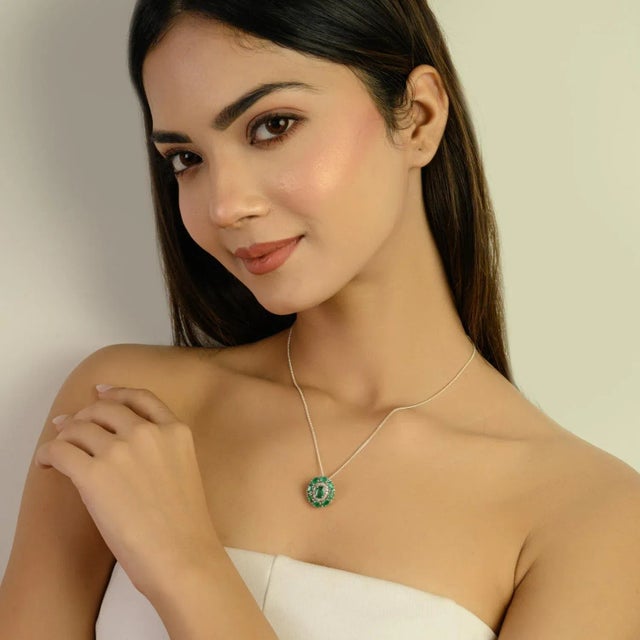 Vintage Oval Emerald & 0.32 CTW Diamond Statement Pendant in 925 Silver by Carat&her For Sale - Image 9 of 12