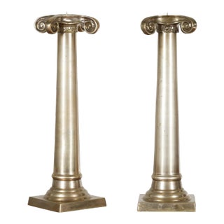 Brushed Silver over Bronze Column Candlesticks with Large Ionic Capitals - A Pair For Sale