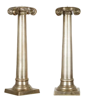 Brushed Silver over Bronze Column Candlesticks with Large Ionic Capitals - A Pair