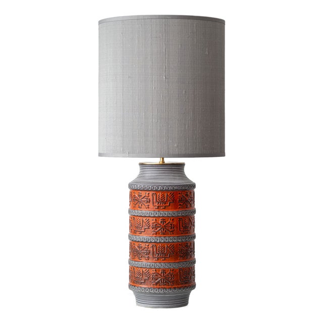 Mid-Century Modern Ceramic Table Lamp with Silk Lampshade from Bay Keramik, 1950s For Sale