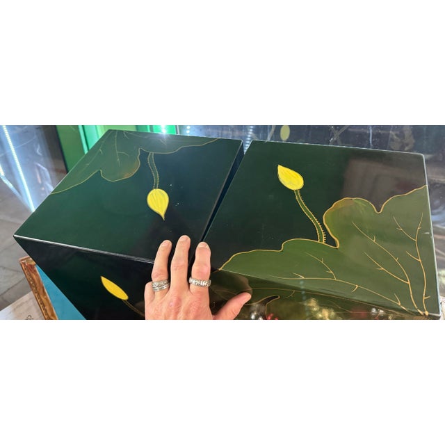 1970s Asian Floral Pedestal a Pair Black Lacquer Hand Painted For Sale - Image 5 of 5