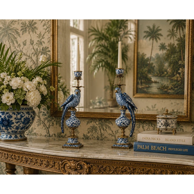Art Nouveau Blue and White Porcelain Parrot Candle Holder With Bronze Ormolu Left and Right Drama For Sale - Image 3 of 8