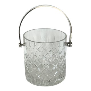 Vintage 1970s Silver Plate and Crystal Ice Bucket, Diamond Pattern, Swinging Handle For Sale