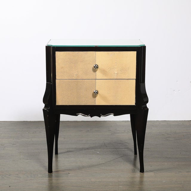Wood Art Deco Directoire Style Ebonized Nightstands W/Shagreen Fronts & Mirrored Tops For Sale - Image 7 of 18