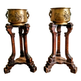 19th Century Japanese Jardinières on Wooden Stands, Set of 2 For Sale