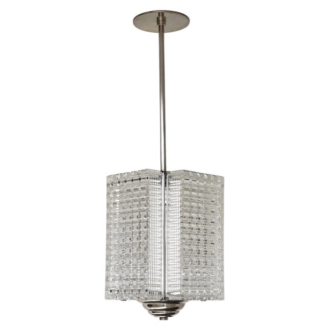 Mid-Century Modern Mid 20th Century Rectangular 4 Panel Architectural Lantern, Art Glass, Polished Nickel & Chrome Stem For Sale - Image 3 of 14