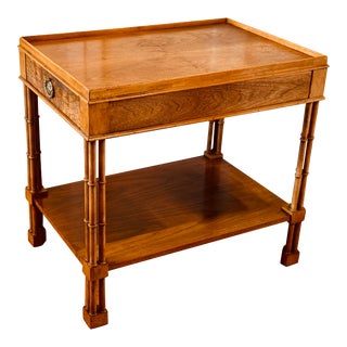 Baker Campaign Style Rectangular End Table Walnut & Mahogany Faux Bamboo Leg For Sale