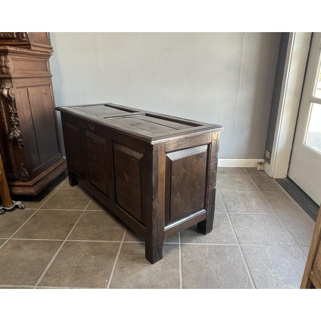 French Antique French Oak Inlaid Blanket Trunk With Heart & Dove Motifs For Sale - Image 3 of 9