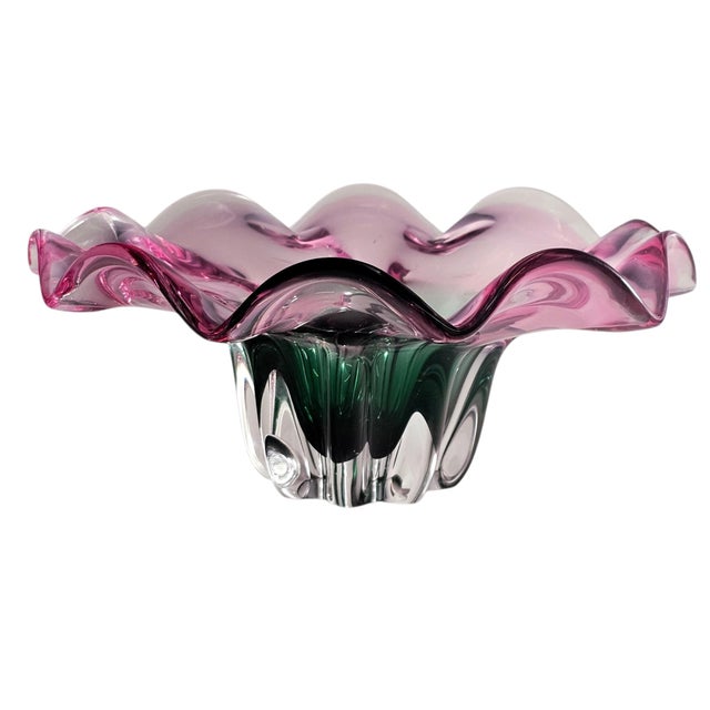 Glass Murano Style Sommerso Art Glass Ruffled Centerpiece Bowl Pink Green 20" For Sale - Image 7 of 17