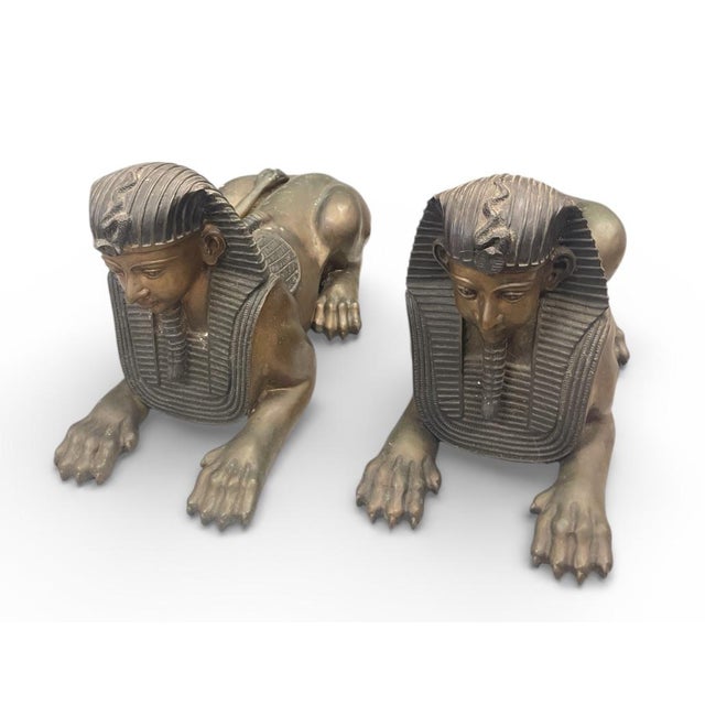 1990s Pair of Patinated Bronze Egyptian Revival Pharaoh Sphinx For Sale - Image 4 of 6