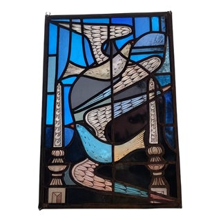 Vintage Swiss Stained Glass Panel with Two White Birds by Max Brunner, 1994 For Sale