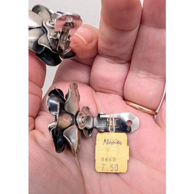 Vintage 1960s Signed Napier Silvertone 3d Rose Clip Earrings-2 Pieces For Sale - Image 9 of 10