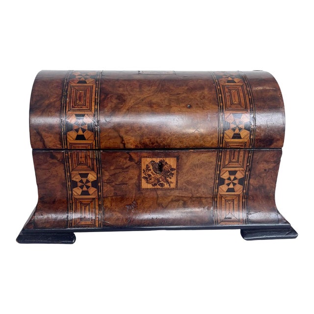 Exceptional Inlaid British Tunbridge Ware Tea Caddy With Dome Top and Complete Interior For Sale