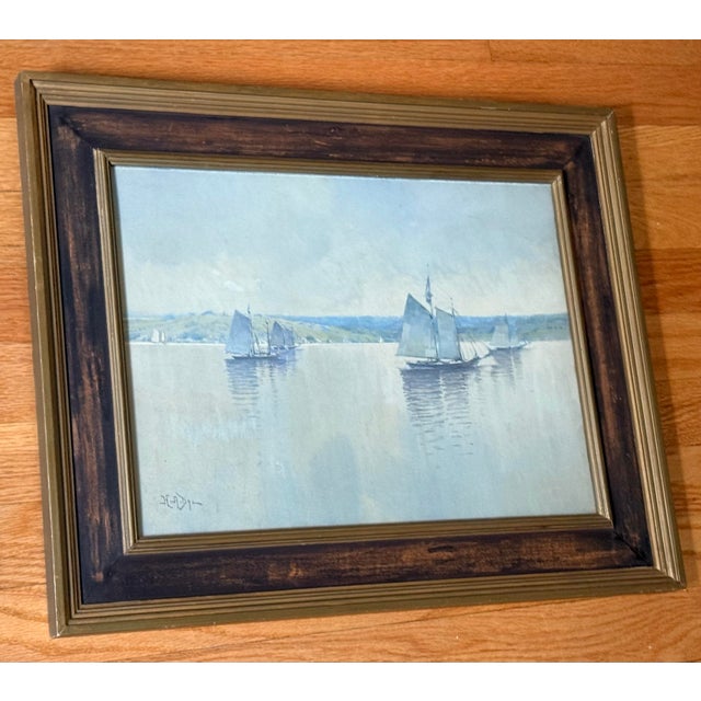 Hezekiah Anthony Dyer (1872-1943) gouache watercolor painting of sailboats in a harbor under a cloudy sky. Dyer always...