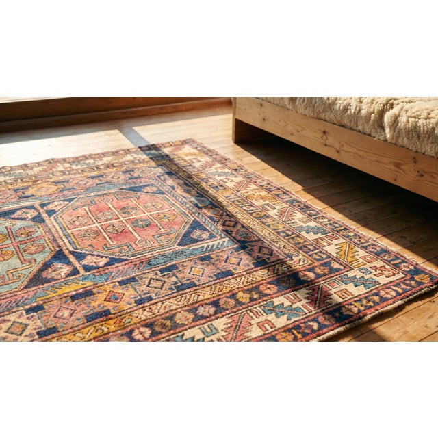 1930s Blue Geometric Tribal Antique Caucasian Shirvan Carpet 4' X 4'6'' Knotted Wool Rug For Sale - Image 13 of 14