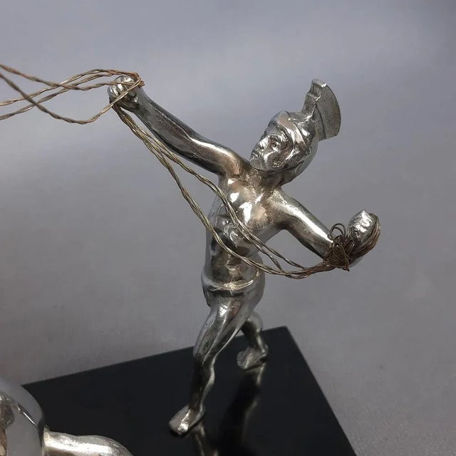 Antique Chromed Metal Sculpture of Roman Horse Trainer on Marble Base, 1930 For Sale - Image 9 of 16