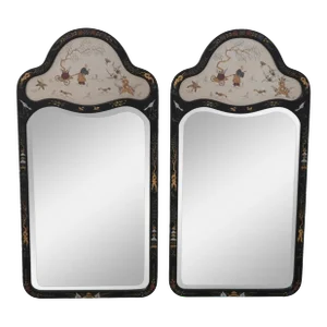 Pair Friedman Brothers Chinoiserie Paint Decorated Designer Mirrors