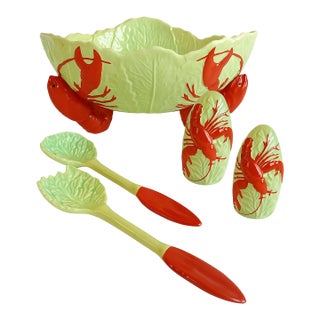 Vintage Carlton Ware “Lobster & Lettuce” Ceramic Serving Set — England, 5 Pieces of Fire-Engine Red & Green Elegance For Sale