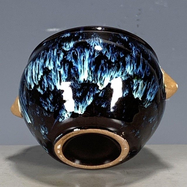 Ceramic Vintage Flambé Glazed Porcelain Teacup – Blue Splash Effect, Beast-Head Handles For Sale - Image 7 of 9