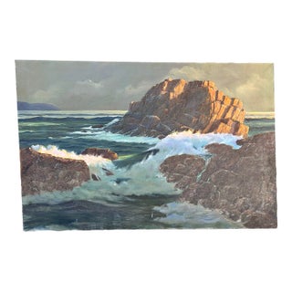 Large Vintage Seascape Oil Painting of a Rocky Coast For Sale