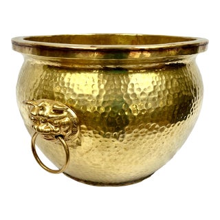 Antique Hammered Brass Planter With Foo Dog Handles For Sale
