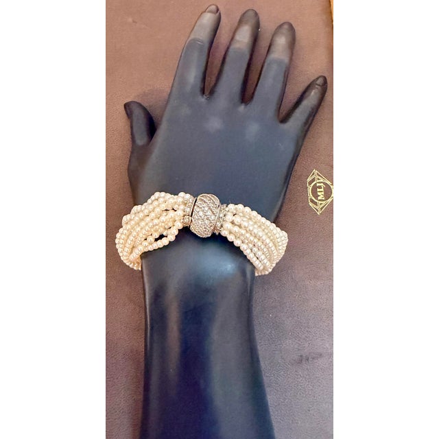 3.1 Mm Akoya Japanies Pearl Multi Strand Bracelet, 14kwg Diamond Clasp, 8 Inch For Sale - Image 4 of 12