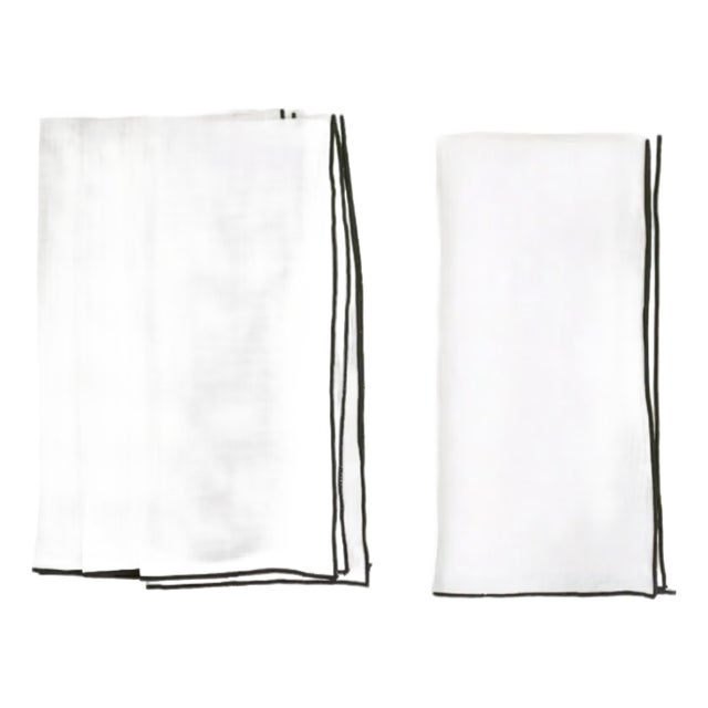 Stone Washed Linen Napkins - White with Black Trim, Set of 4 For Sale