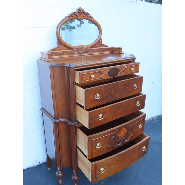 Wood Early 1900s Jacobean Carved Inlay Tall Chest of Drawers With Mirror 6610 For Sale - Image 7 of 12