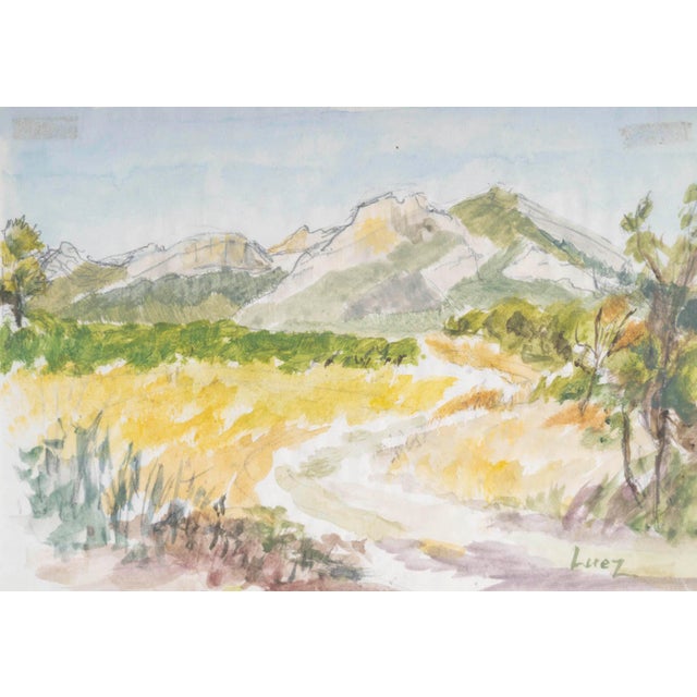 Watercolour on paper by Evelyne Luez, framed under glass. Watercolour representing a landscape, signed by Evelyne Luez,...