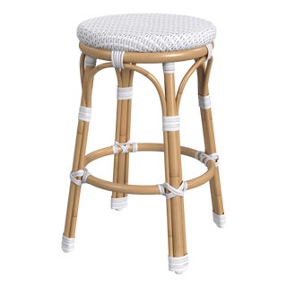 Tobias 24.5 in. Seat Height Outdoor Rattan and Metal Backless Counter Stool, White For Sale