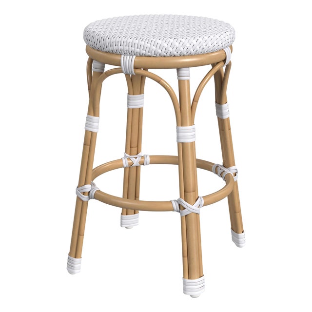 Tobias 24.5 in. Seat Height Outdoor Rattan and Metal Backless Counter Stool, White For Sale