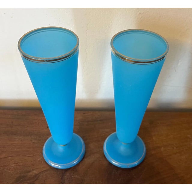 Glass Antique 19th Century French Blue Opaline Glass Vases With Gilt Rim - a Pair For Sale - Image 7 of 8