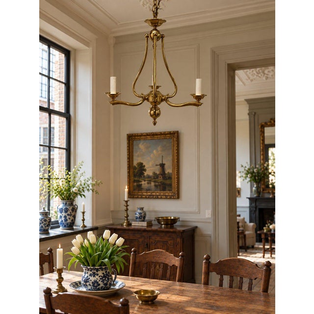 Metal Mid 20th Century h.a. Framburg 3-Light Brass Dutch Style Dining Chandelier Candle Style Fixture For Sale - Image 7 of 7