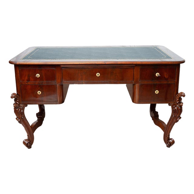 Antique Louis Philippe Neapolitan Desk in Mahogany with Chiseled Leather Top, 19th Century For Sale
