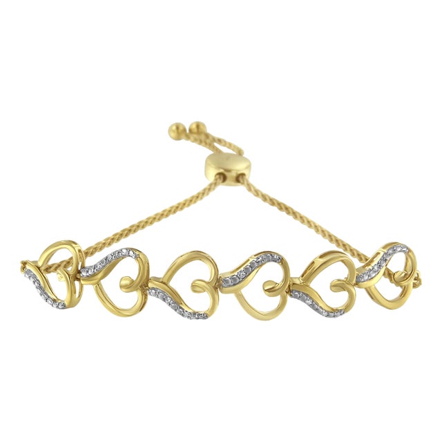 10K Yellow Gold over .925 Sterling Silver Diamond Accented Open Hearts 6”-9” Adjustable Chain Bolo Bracelet (H-I Color, I2-I3 Clarity) For Sale