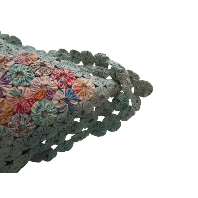 Green Jadeite Feedsack Tiny Yo Yo Trellis Pattern Diamond Shaped Pillow 1930's For Sale - Image 8 of 14
