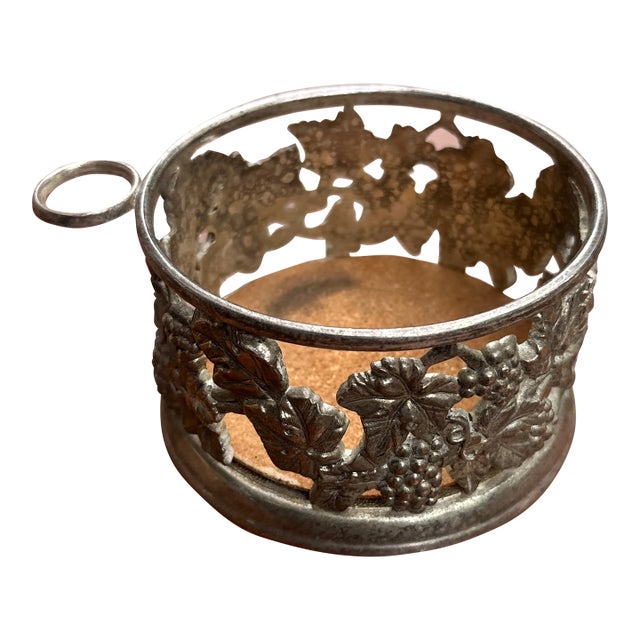 Vintage Silver Italian Style Wine Bottle Coaster With Cork Bottom For Sale