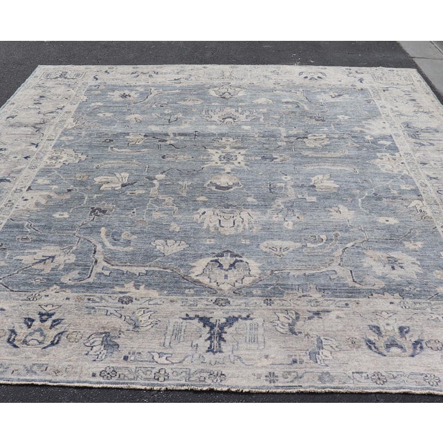 Cerulean Turkish Angora Oushak Rug With Steel Blue Field and Light Gray Border For Sale - Image 8 of 14