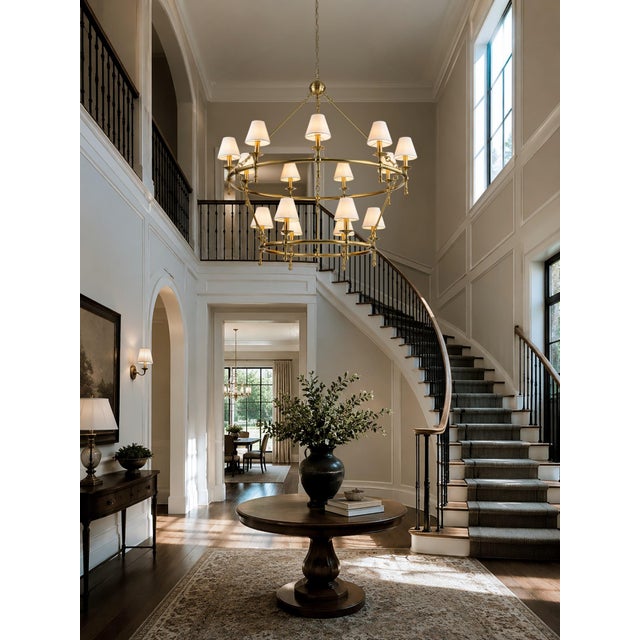 2020s Aloadecor Classic Large Warm Brass Two-Tier Chandelier With White Shades For Sale - Image 5 of 8