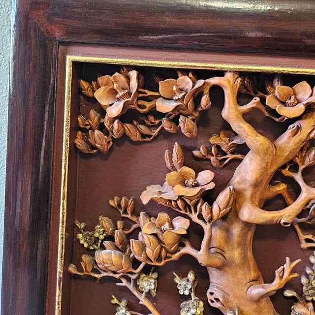 Antique Chinese Japanese Relief Carved Wood Lacquer Panel Birds Prunus Tree Wall For Sale In Tulsa - Image 6 of 11