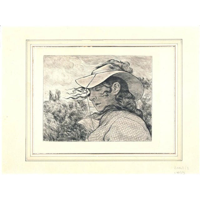 Bildnis mit florentiner Hut. - Original Etching by Hans Thoma - 1900 1900 For Sale - Image 3 of 3