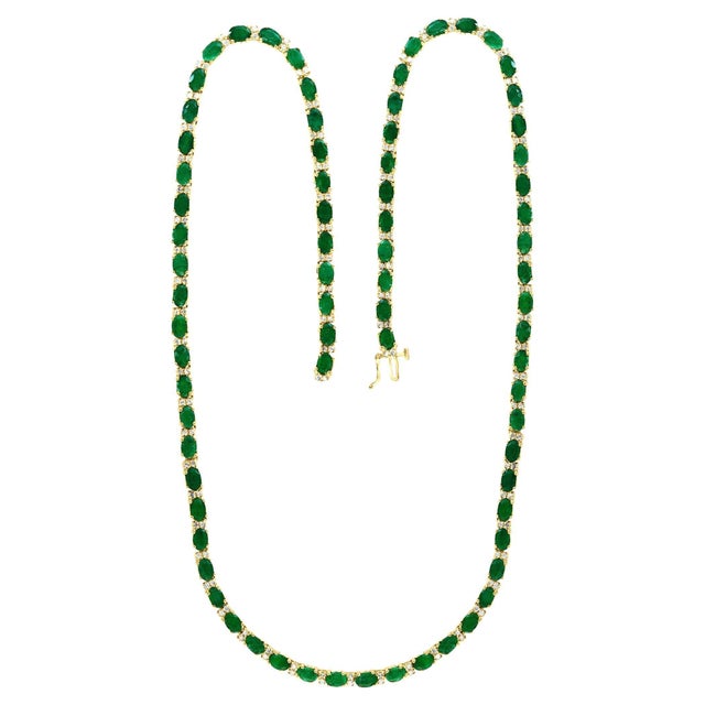 Arts & Crafts 40 Carat Oval Brazilian Emerald & 3 Carat Diamond Tennis Necklace 14 Karat Gold For Sale - Image 3 of 18